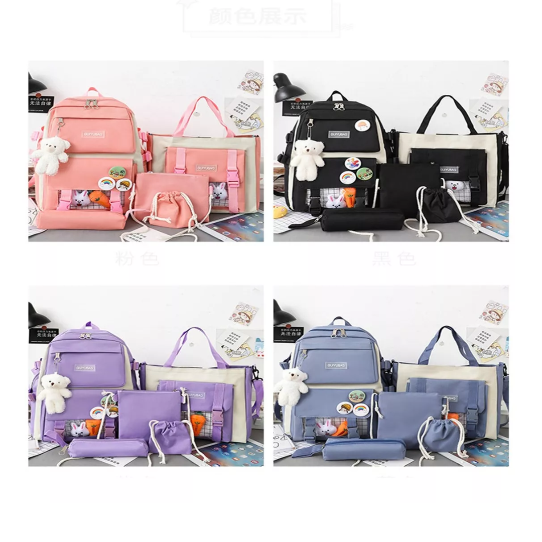 Kit Combo Mochila Escolar Kawaii 5 Pieza